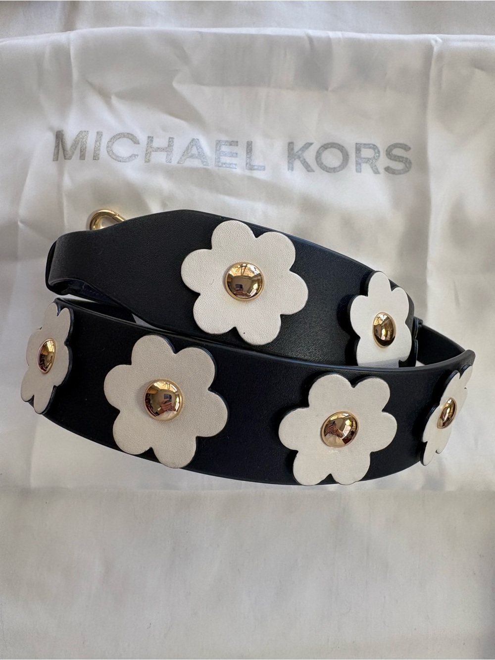 MICHAEL KORS Admiral Blue Leather Novelty Guitar Crossbody Strap with Flowers